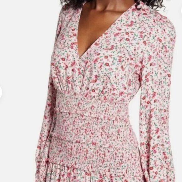 AFRM Hazel Floral Long Sleeve Smocked Midi Dress In Baby Pink Ditsy Size M - Picture 2 of 4